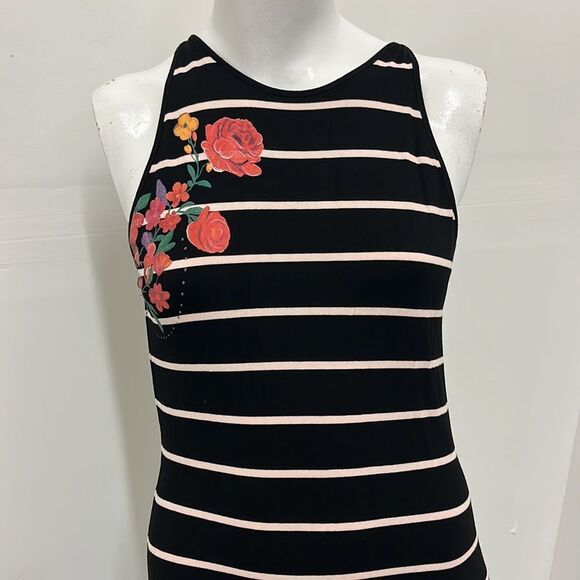 Desigual Black White Striped Floral Accent Jersey Stretch‎ Racer Back Maxi Dress - Picture 6 of 8